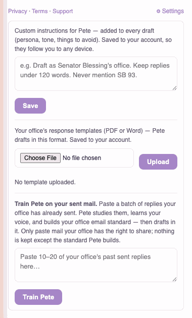 Pete's Settings: instructions, template upload, training set
