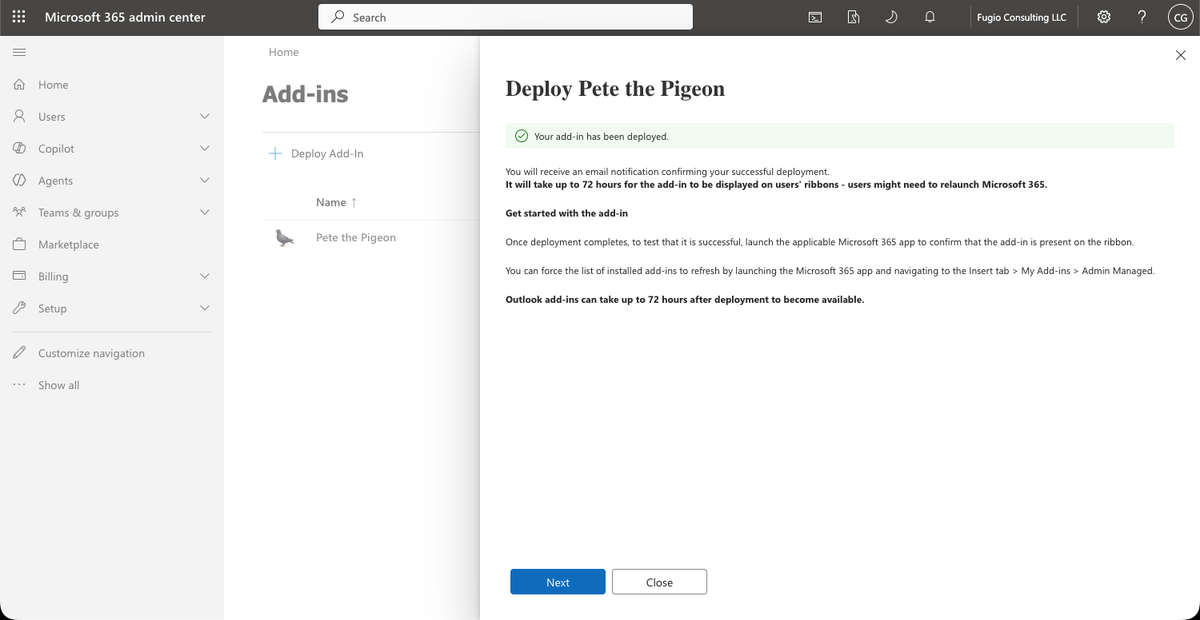 The Add-ins list showing Pete the Pigeon deployed with status Ok