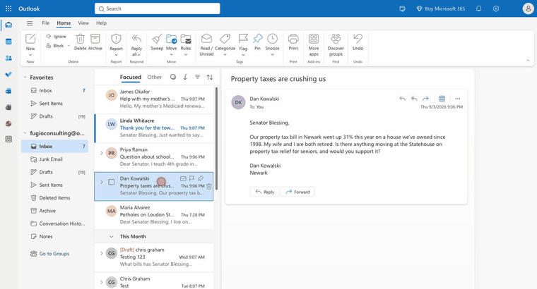 Outlook on the web: open an email, click More apps, click Pete the Pigeon, click Draft reply, click Open reply, and Pete's draft opens in the reply window