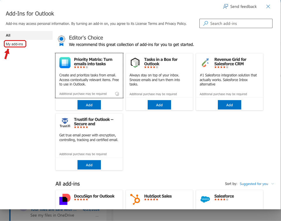 The Add-Ins for Outlook window; My add-ins is the second link in the left column